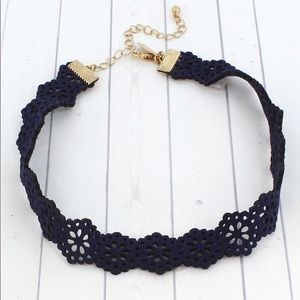 Navy Faux Leather Cut-Out Flower Choker